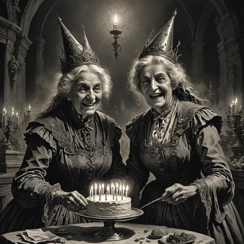 Eerie Birthday Celebration in Doré-Inspired Horror Style