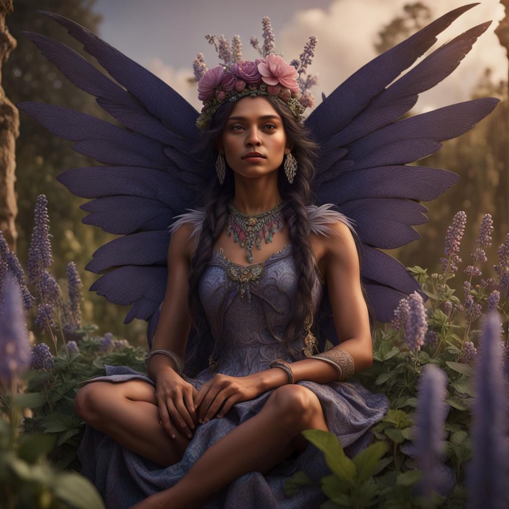 Amerindian Woman with Wings on Flower Throne