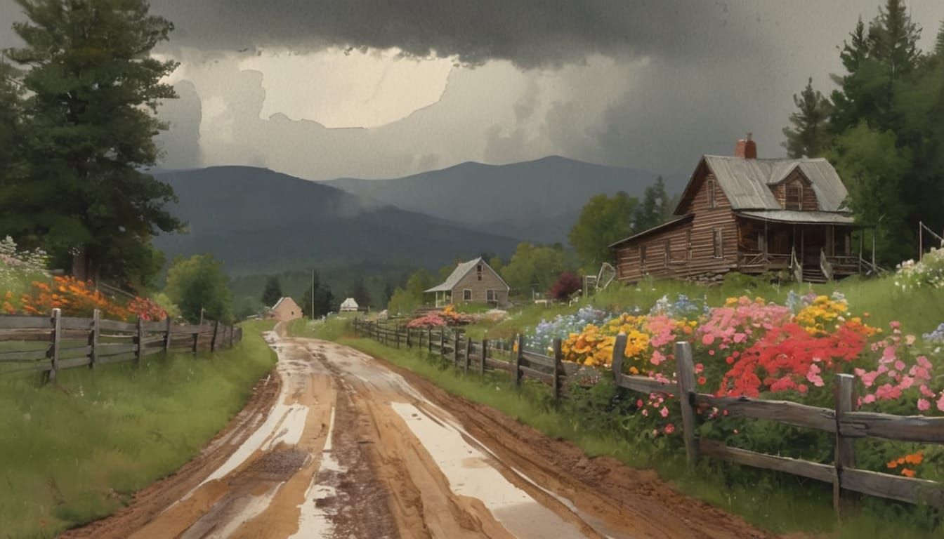Idyllic Mountain Village After Rain, in Watercolor Style