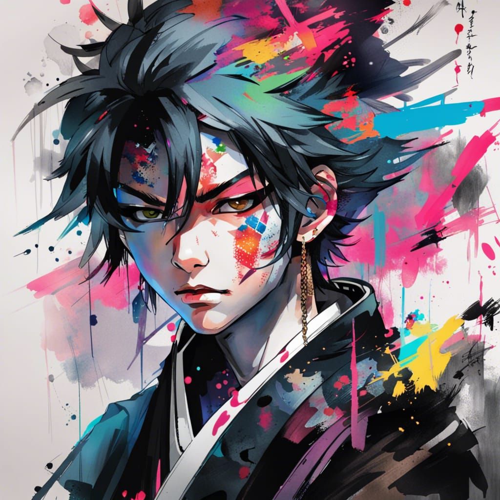 Samurai Prince Anime Ink Portrait with Neon Hair