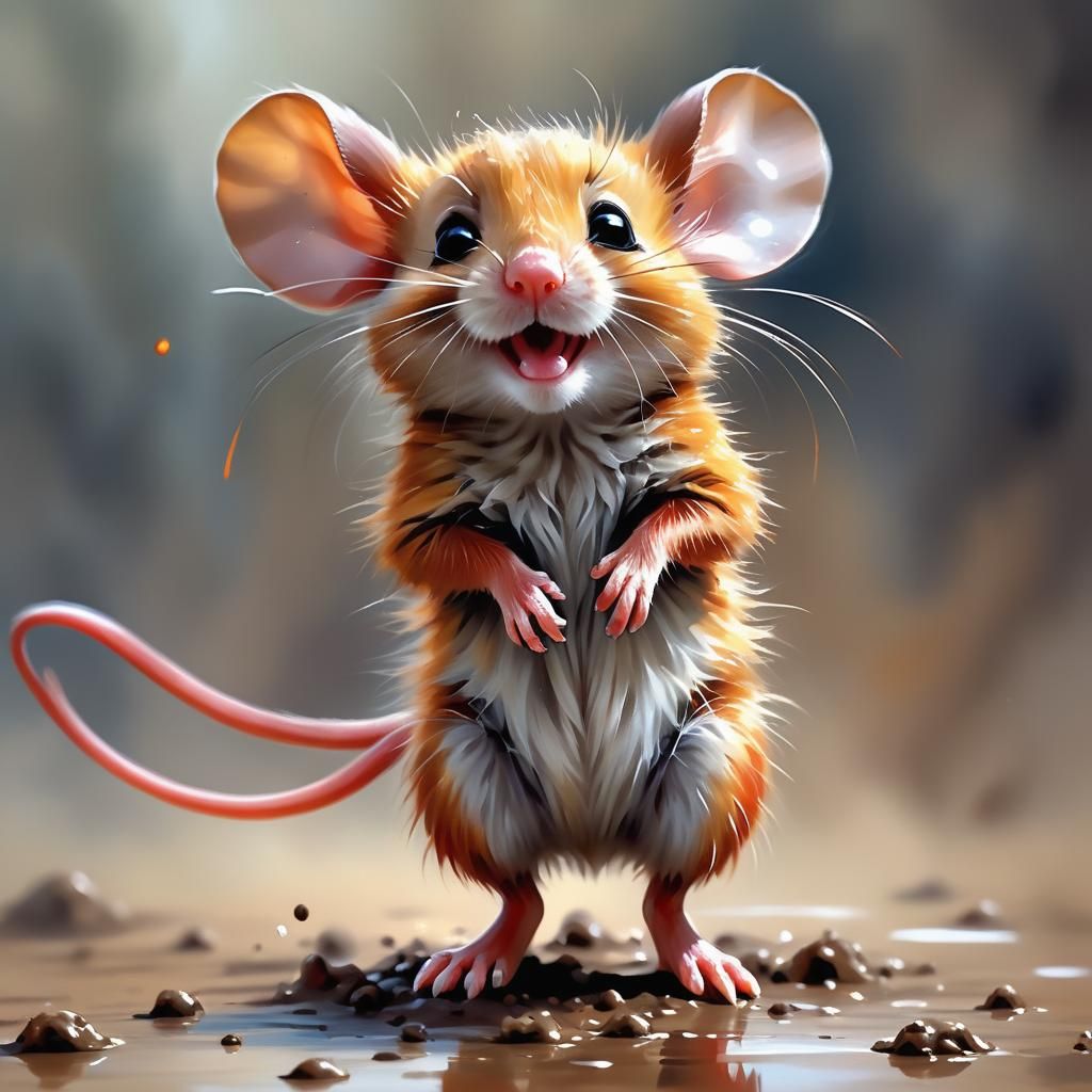 Adorable Furry Red Mouse in Airbrush Painting