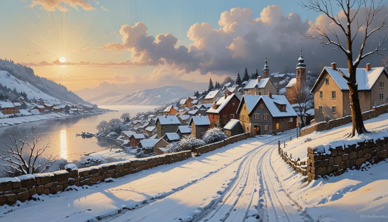 Oil Painting of a Cozy Saxon Village in Winter