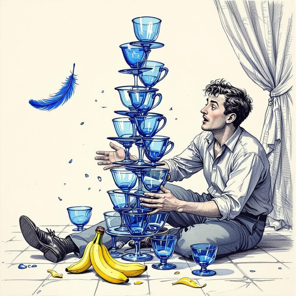 Man Slips on Banana Peel with Blue Glass Cups