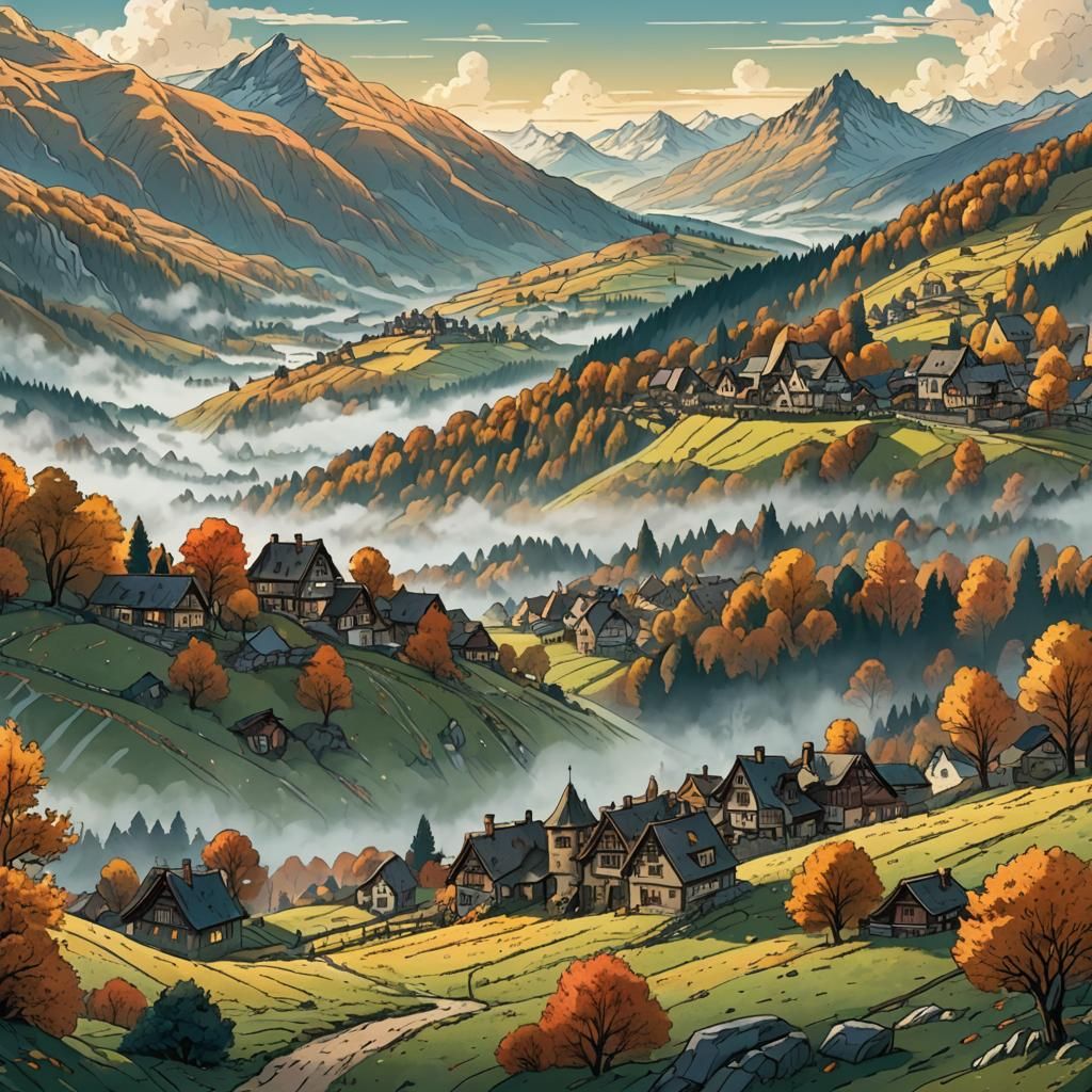 Mysterious Autumn Meadow and Village in Retro Style
