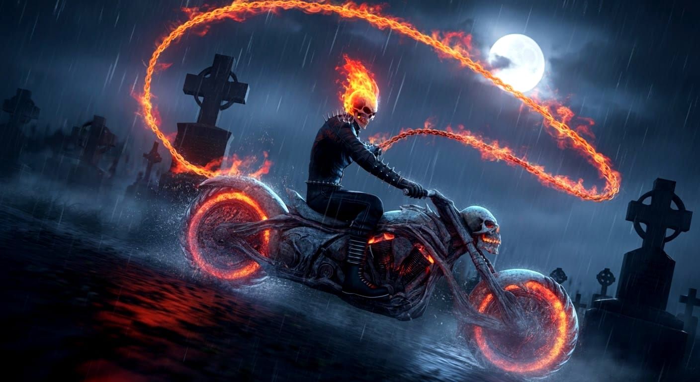 Ghost Rider on Demonic Motorcycle in Cemetery