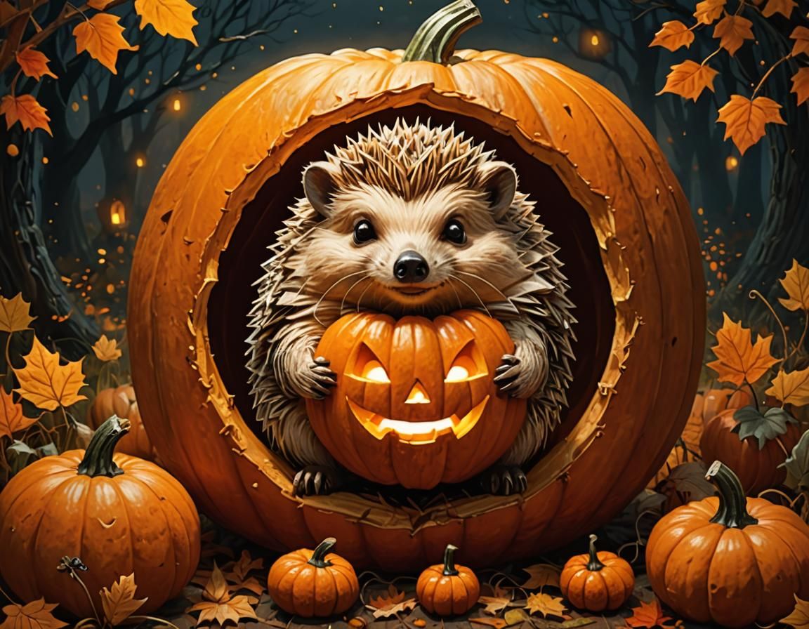 Hedgehog Carving a Pumpkin: Whimsical Autumn Illustration