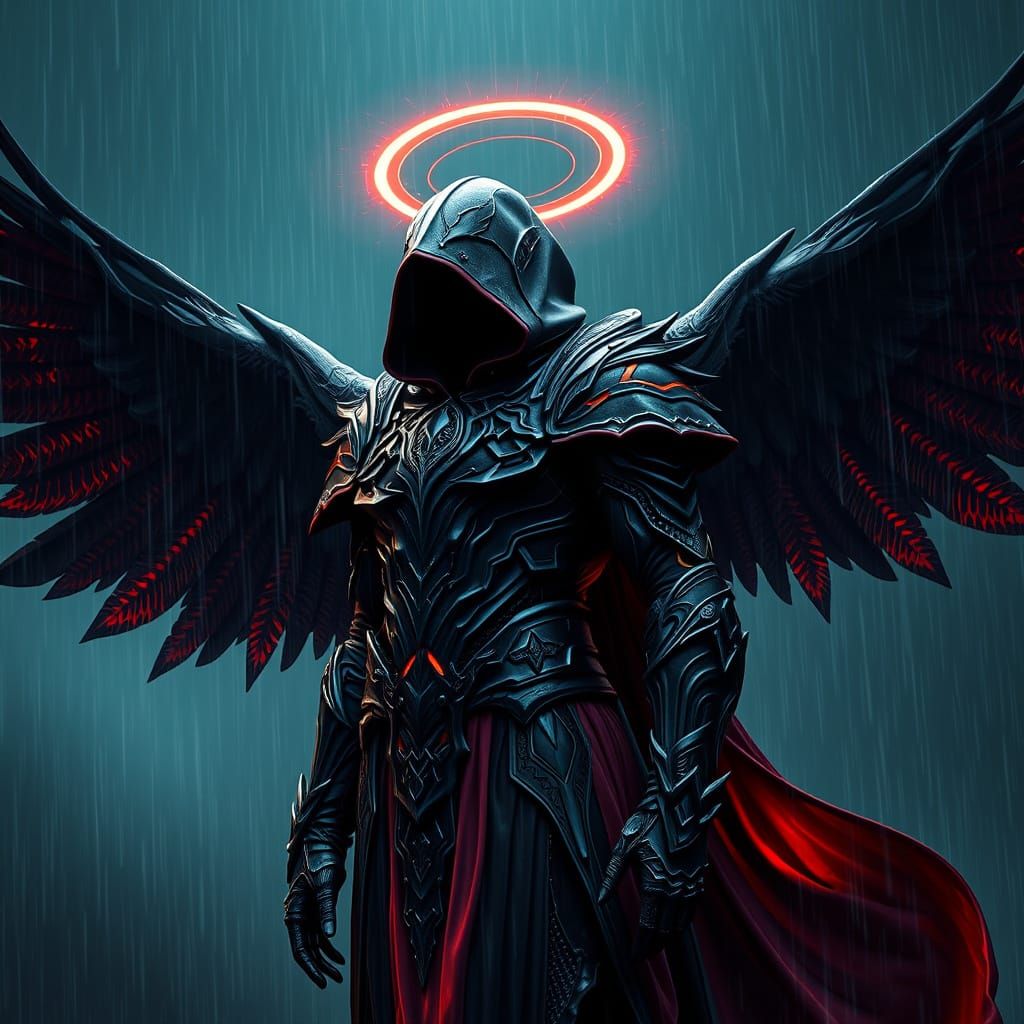 Angel in Radiant Black Armor Amidst Torrential Rain