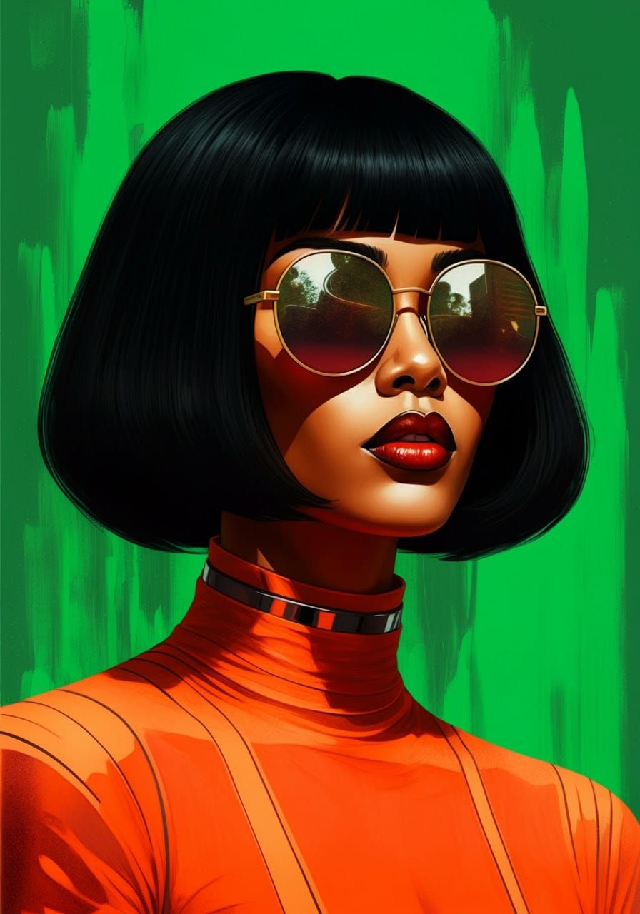 Digital Painting of a Modern Woman in Bold Orange-Red Outfit