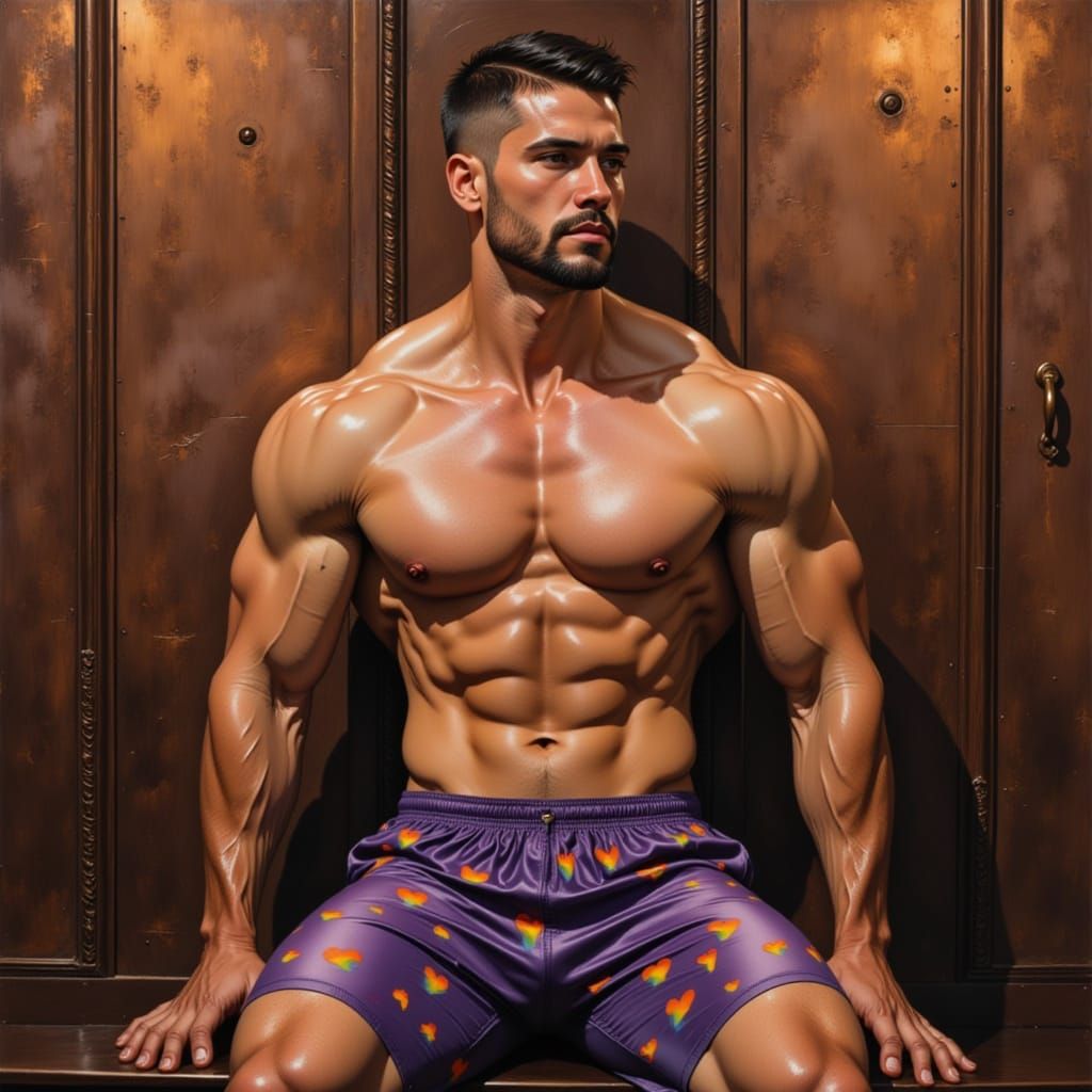 Muscular Man in Gym Realistic Painting