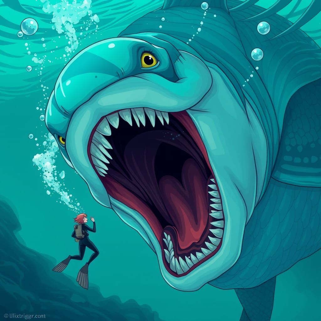 Surreal Underwater Scene in Anime Style with Cel-Shaded Ligh...