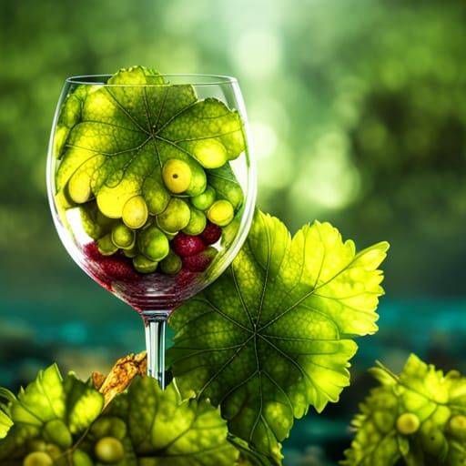 Grapes Reflected in Wine Glass, 3D Render