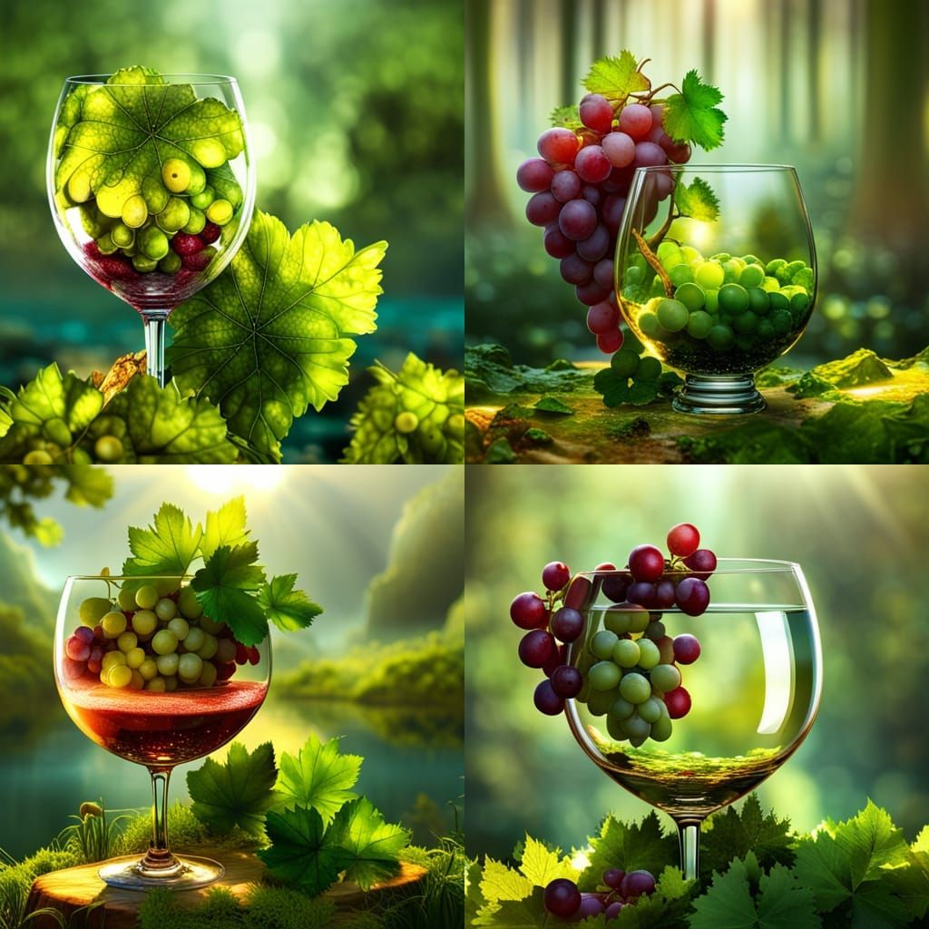 Crystal Wine Glass with Grapes in Rain, 3D Render
