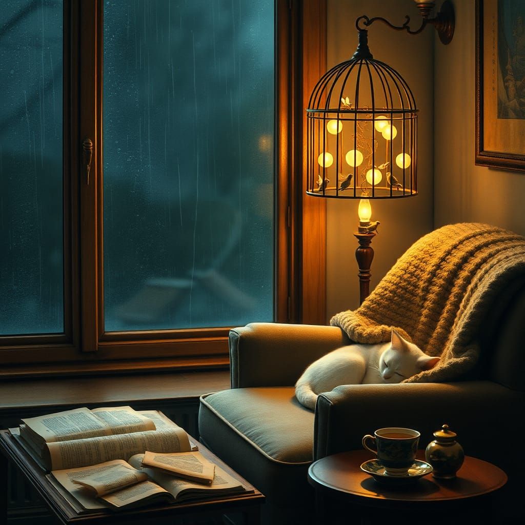 A rainy night viewed through a window, with a cozy nook and ...