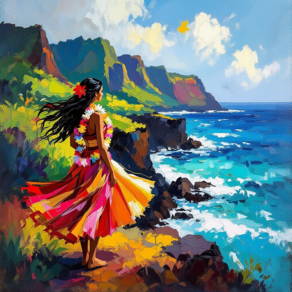 Hawaiian Goddess on Kauai Cliff in Neo-Impressionism Style