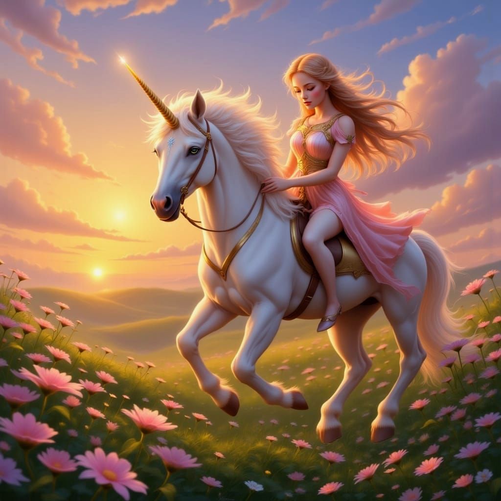 Unicorn and Rider in Ethereal Sunset Field