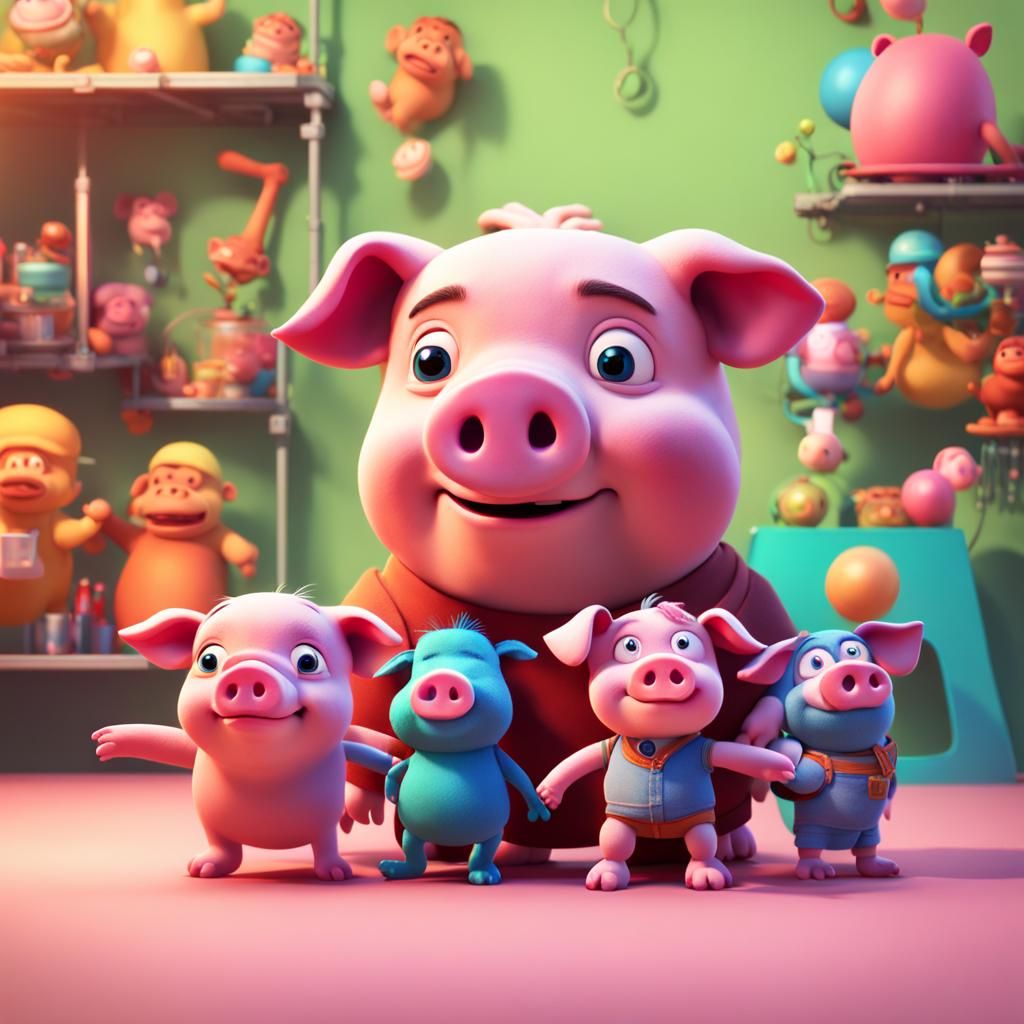 Cuddly Pig Toy with Friends: Pixar-Style 3D Art