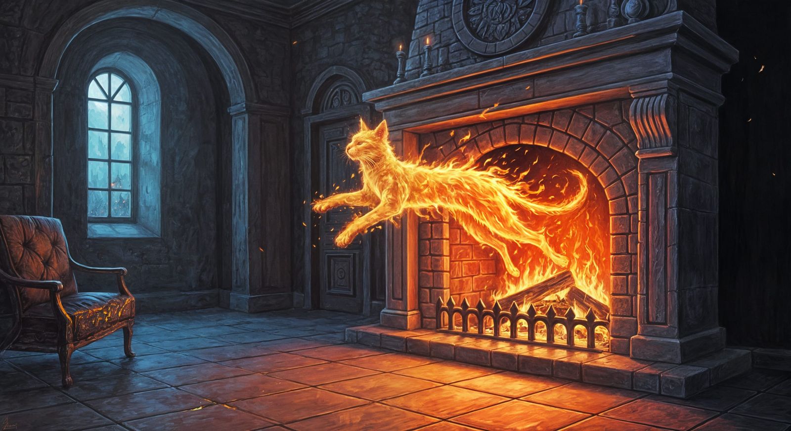 Fiery Cat Jumps from Castle Fireplace, Fantasy Acrylic Art