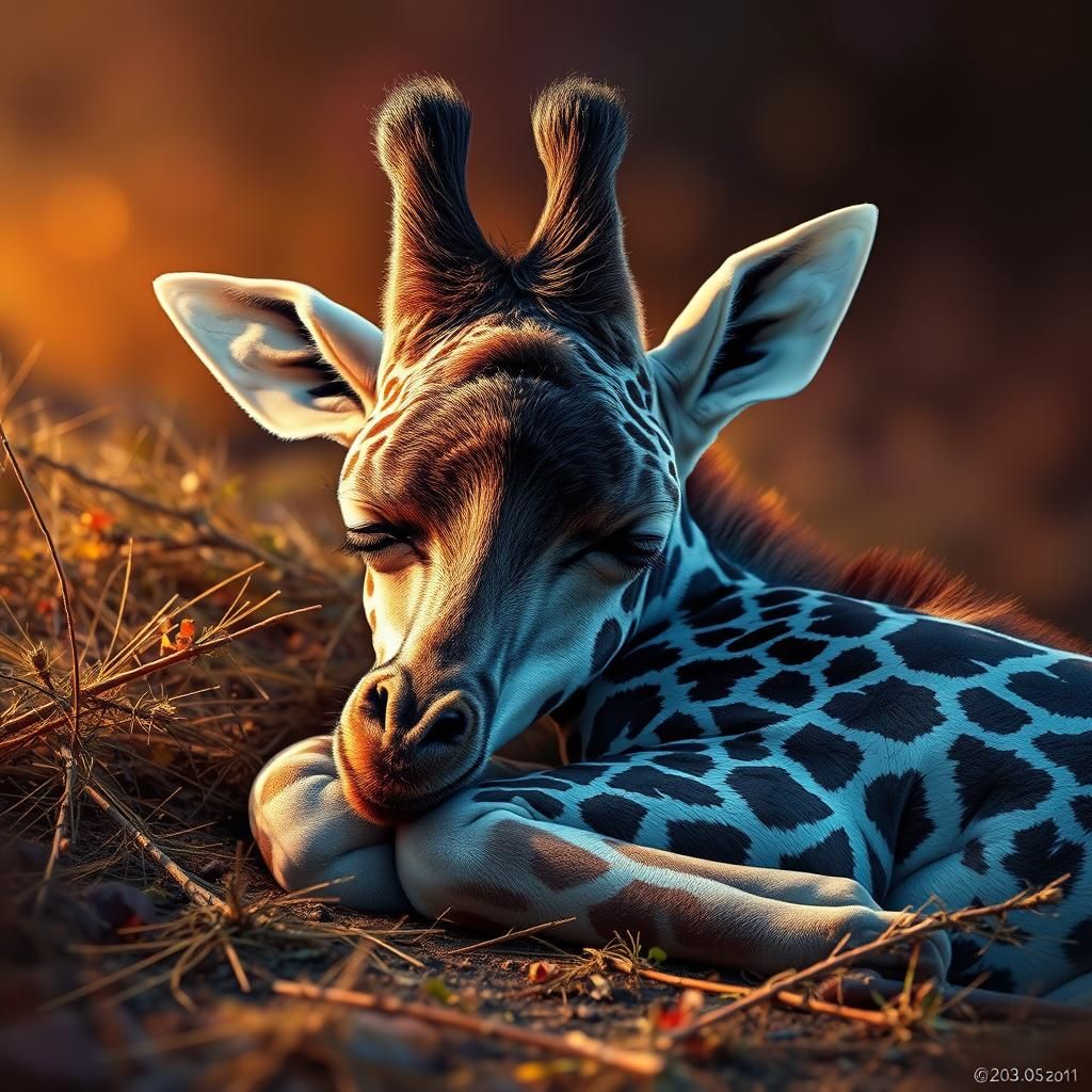 Baby Giraffe Sleeping in Savanna: Hyperrealistic Art