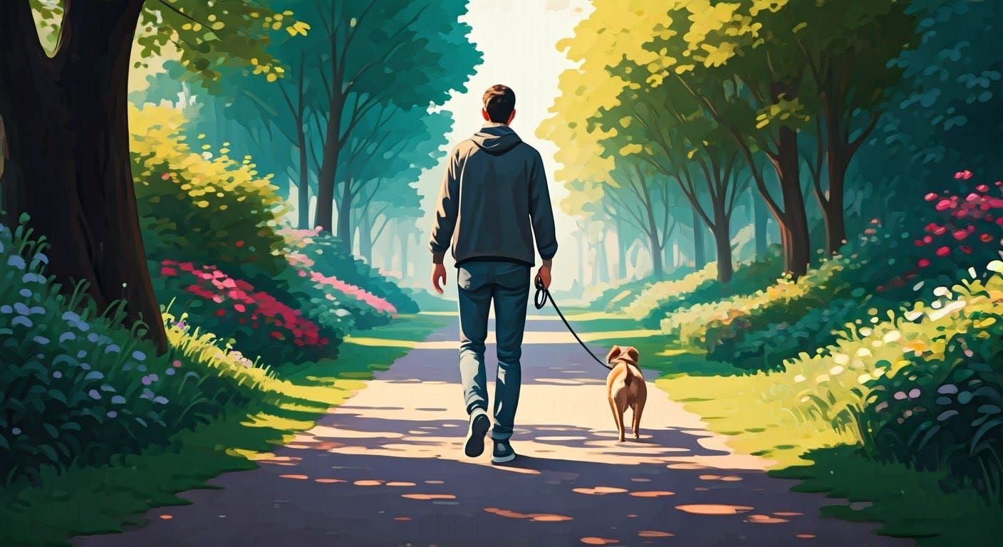 Man Walking with Dog in Impressionist Park Scene
