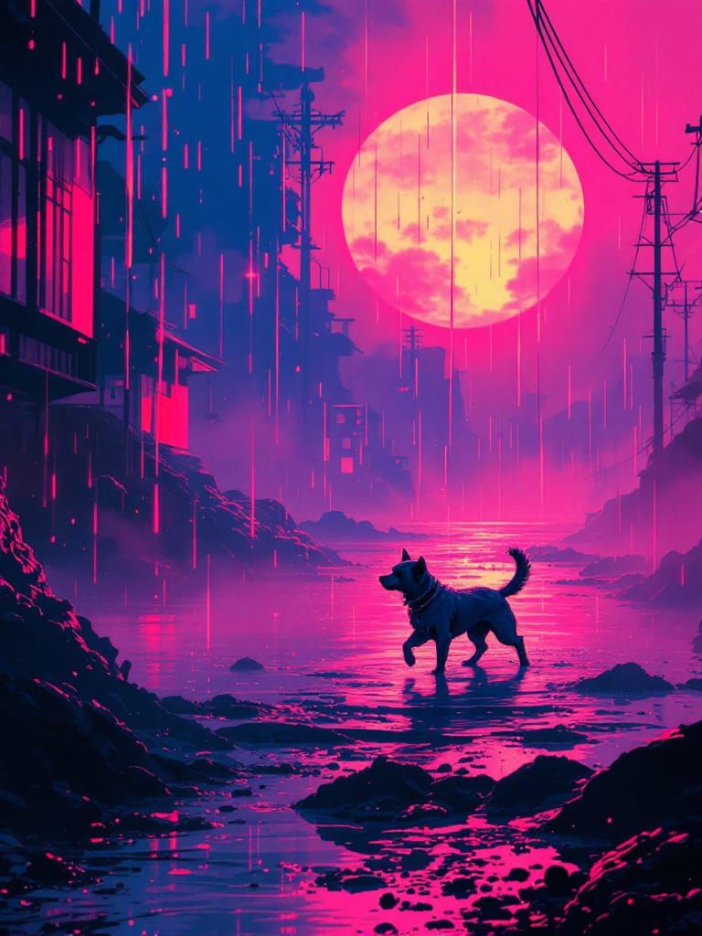 Cyberpunk Dog Wades Through Rose Water Under Giant Moon
