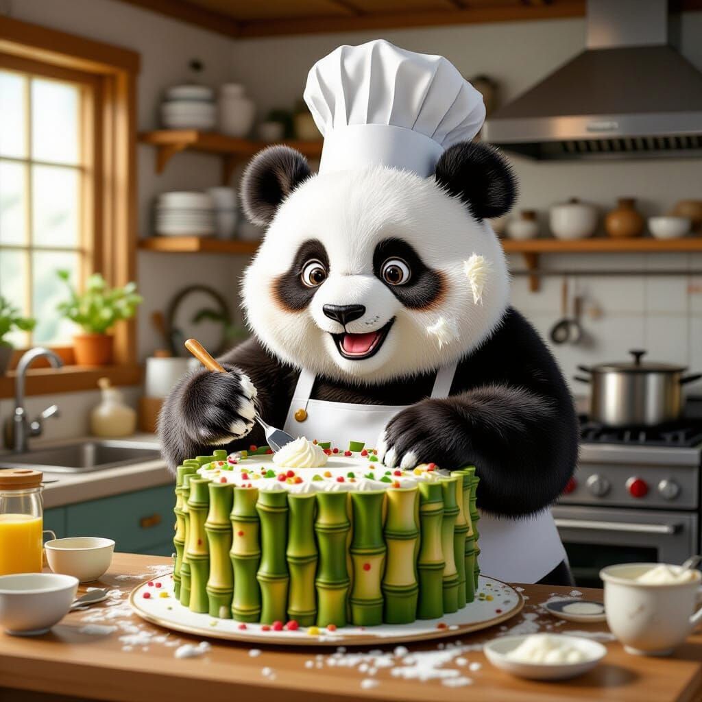 Panda Chef Decorates Bamboo Cake in Whimsical Style