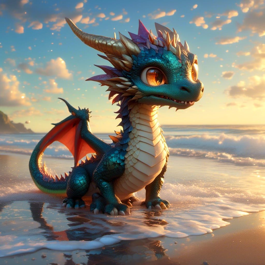 Adorable Chibi Dragon on the Beach in Anime Style