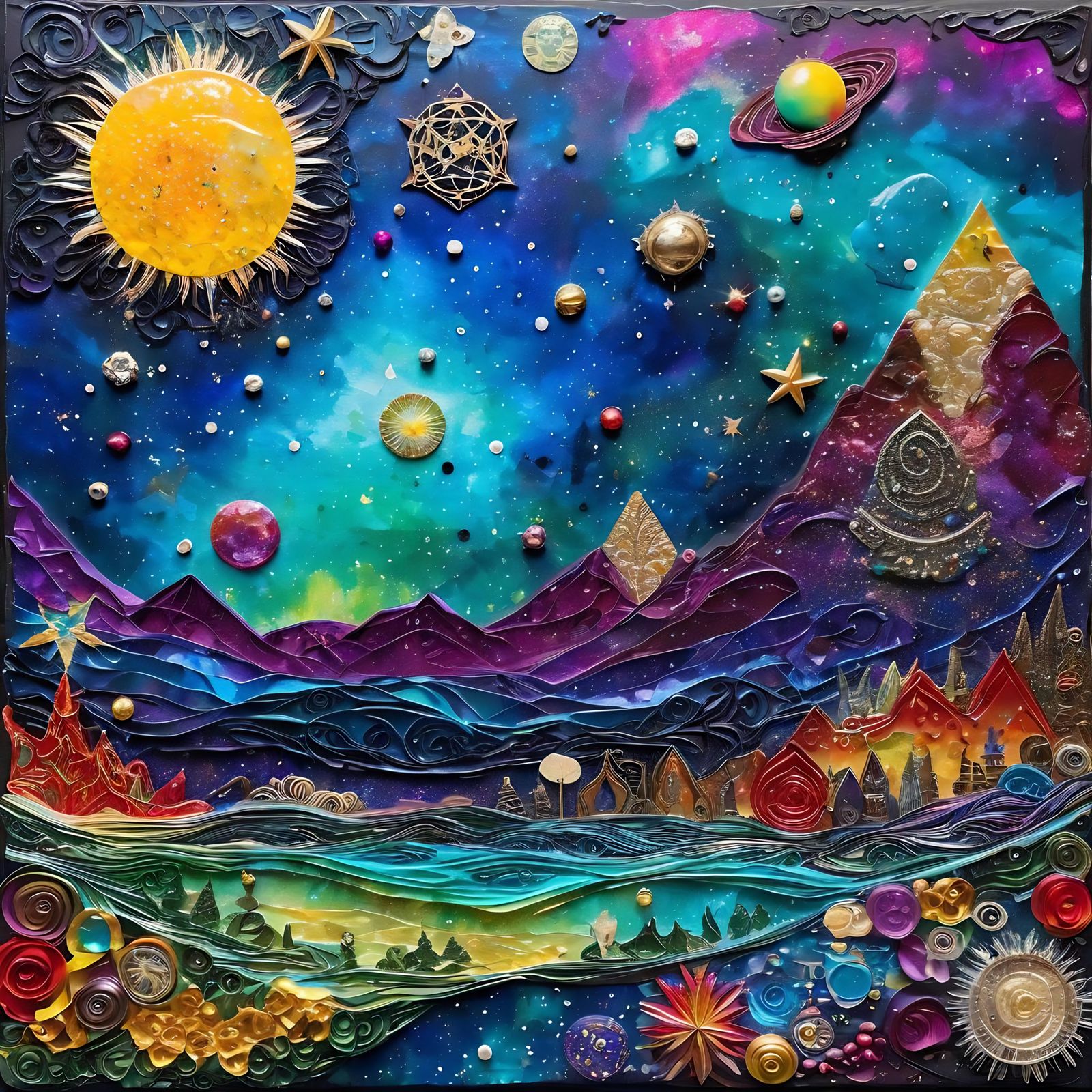 Bejeweled Galactic Oasis: Hyperdetailed Encaustic Masterpiec...