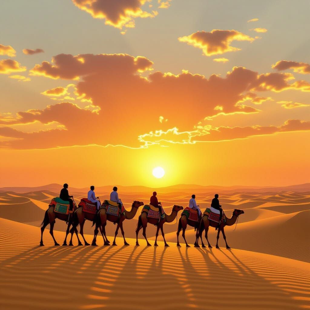 Camel Caravan at Sunset: Impressionistic Middle Eastern Land...