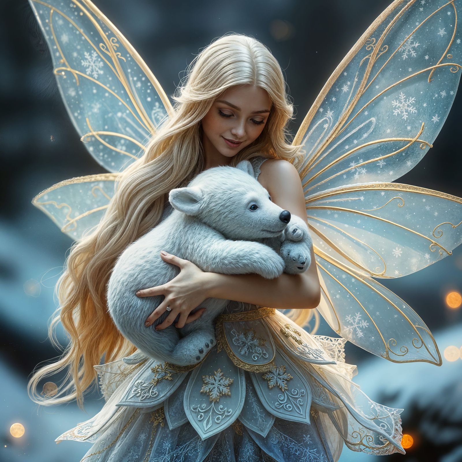 Winter Wonderland Fairy Holding a Baby Polar Bear