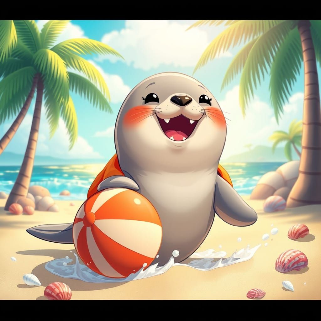 Chubby Baby Seal Plays on Sunny Beach in Whimsical Cartoon A...
