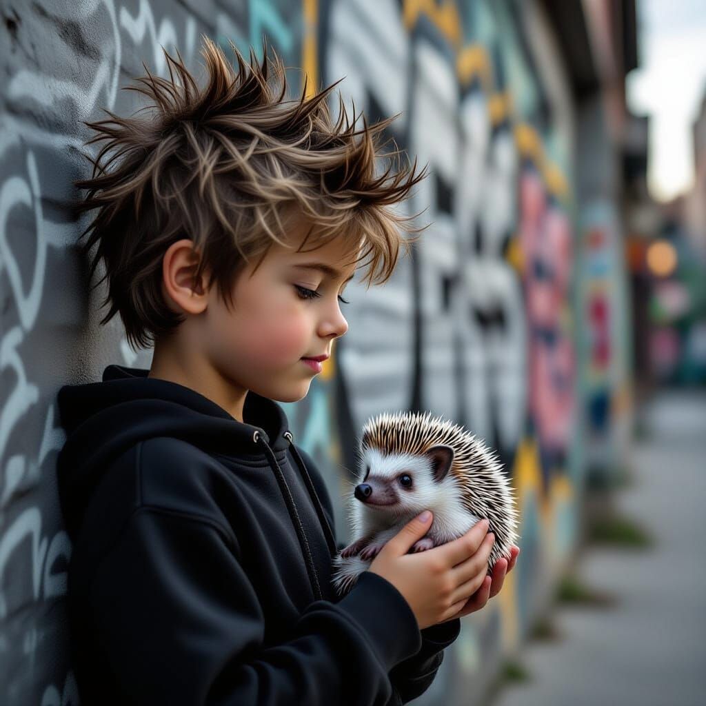 Boy and Hedgehog in Poetic Realism Style