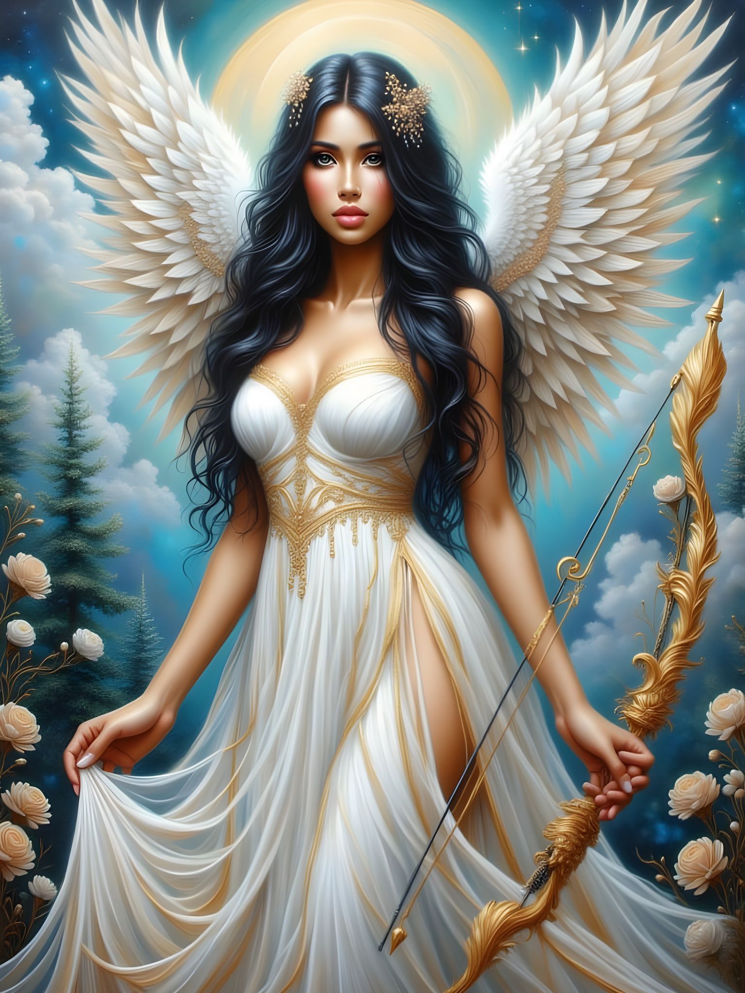 Angelic Woman with Wings and Bow in Acrylic Style
