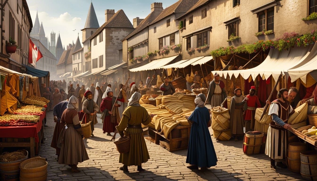 A very well stocked, busy, medieval street market