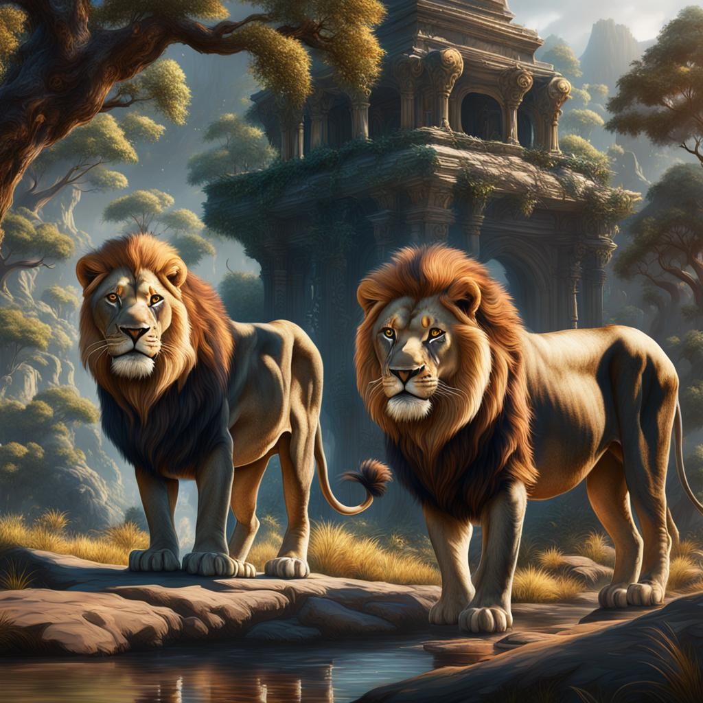 Detailed Matte Painting of Lions in Deep Color