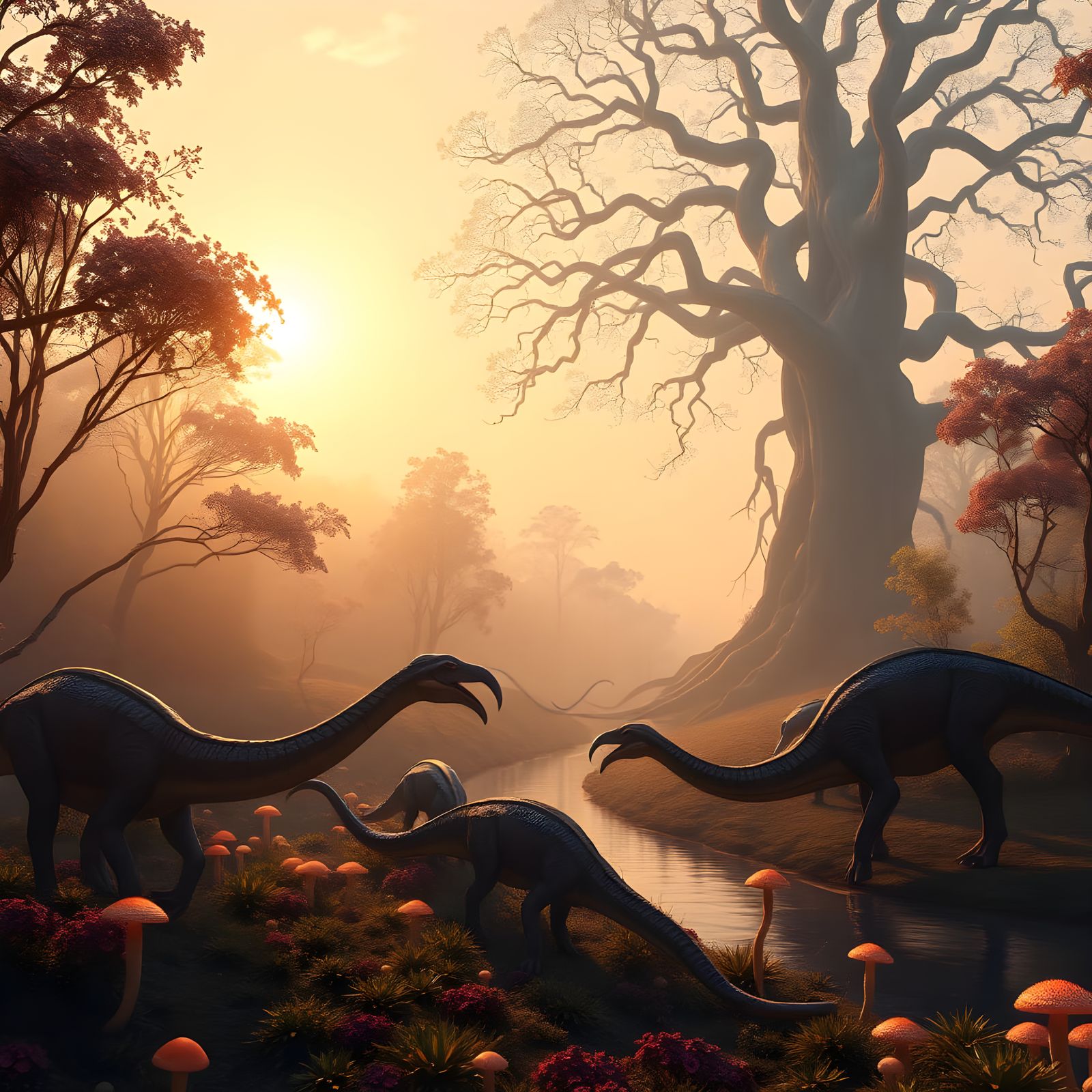 Dark Fantasy Dinosaurs in Serene River Landscape
