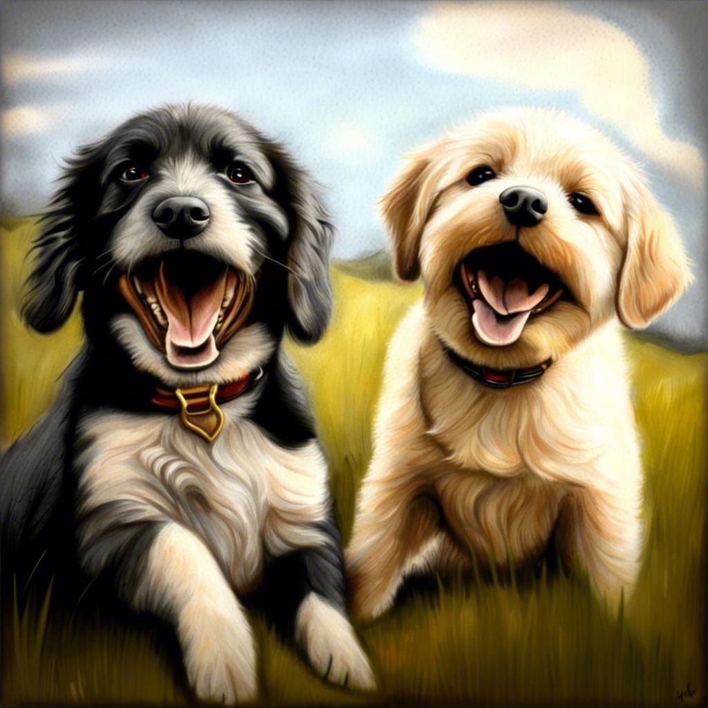 Hyperdetailed Charcoal Drawing of Doggie Friends Playing