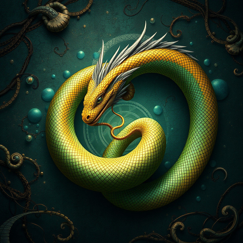 Ouroboros Mosaic in Gold, Green, and Blue Tones