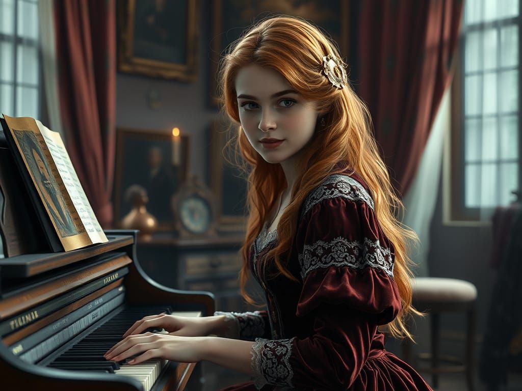 A 19th Century Young Woman Plays the Piano in Velvet Attire