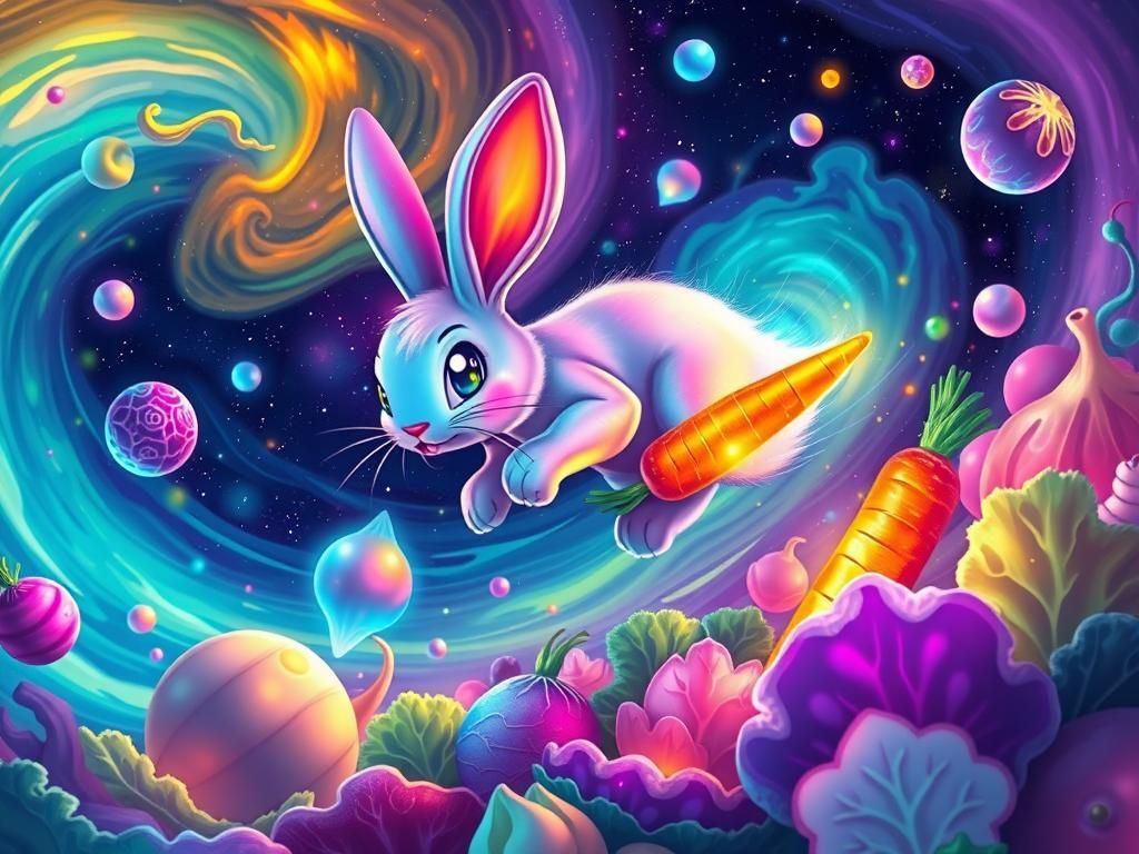 Space Bunny's Cosmic Vegetable Chase: A Surrealist Dream