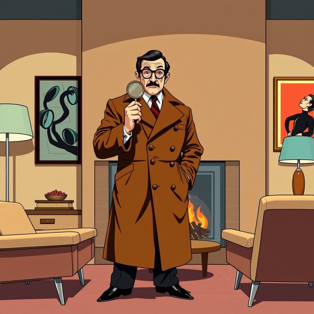 Peter Sellers as Inspector Clouseau standing by the iconic 60's fireplace