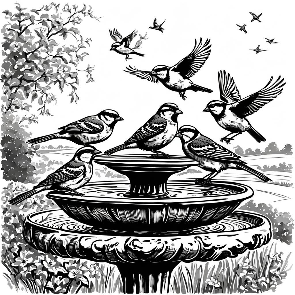 Sparrows at Bird Bath: Line Art Illustration
