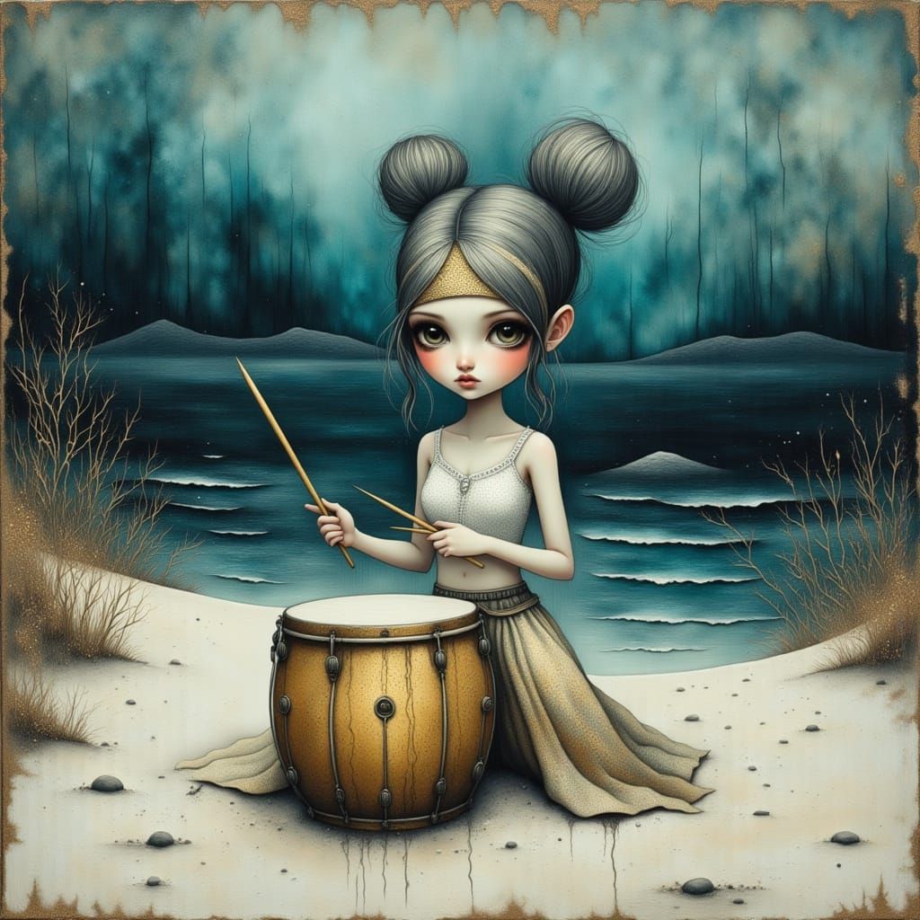 Woman Playing Drums on Shore in Moody Lighting