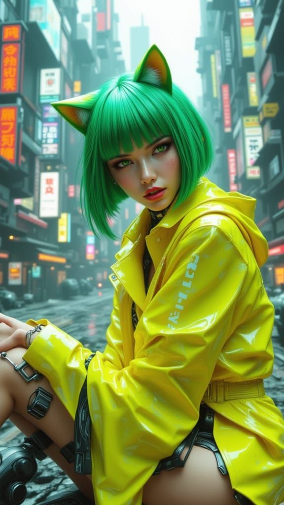 Futuristic Cyborg Woman in Cyberpunk Cityscape