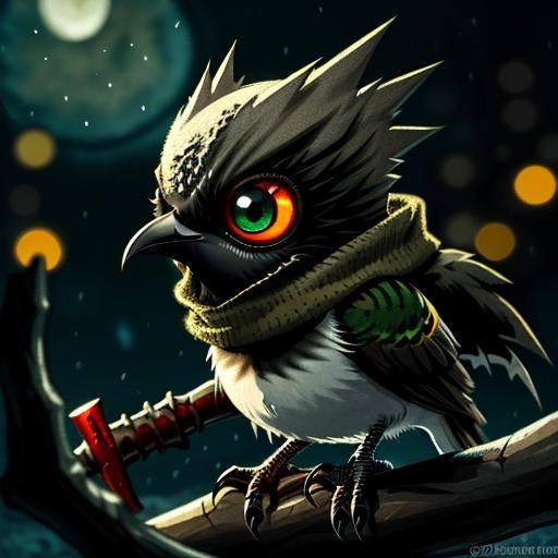 Undead Chibi Bird with Weapon in Winter Scene