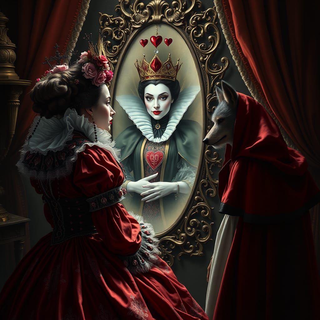Queen of Hearts Mirror Reflection in Matte Painting Style