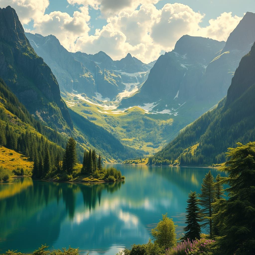 Alpine Lake Inspired by Romanticism and Vibrant Colors