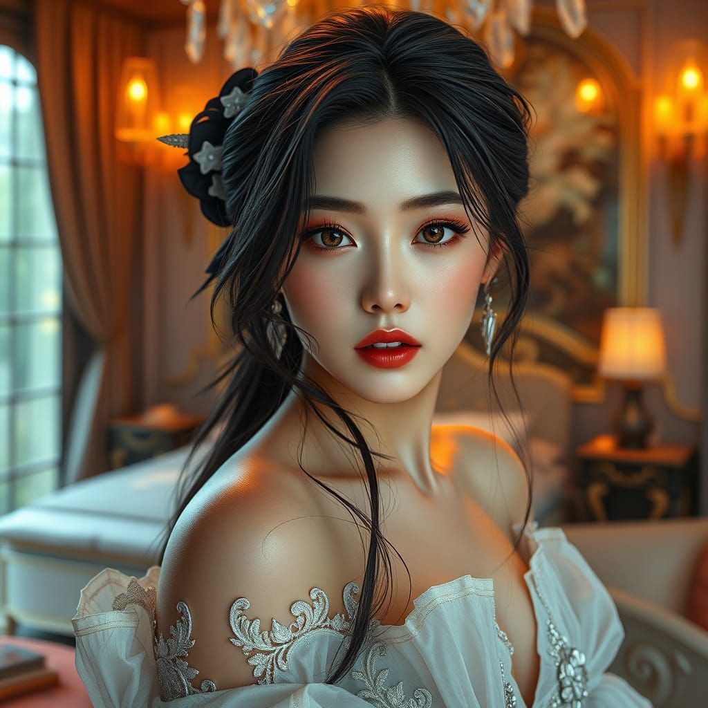 Hyper-Realistic Korean Woman in Luxurious Bedroom