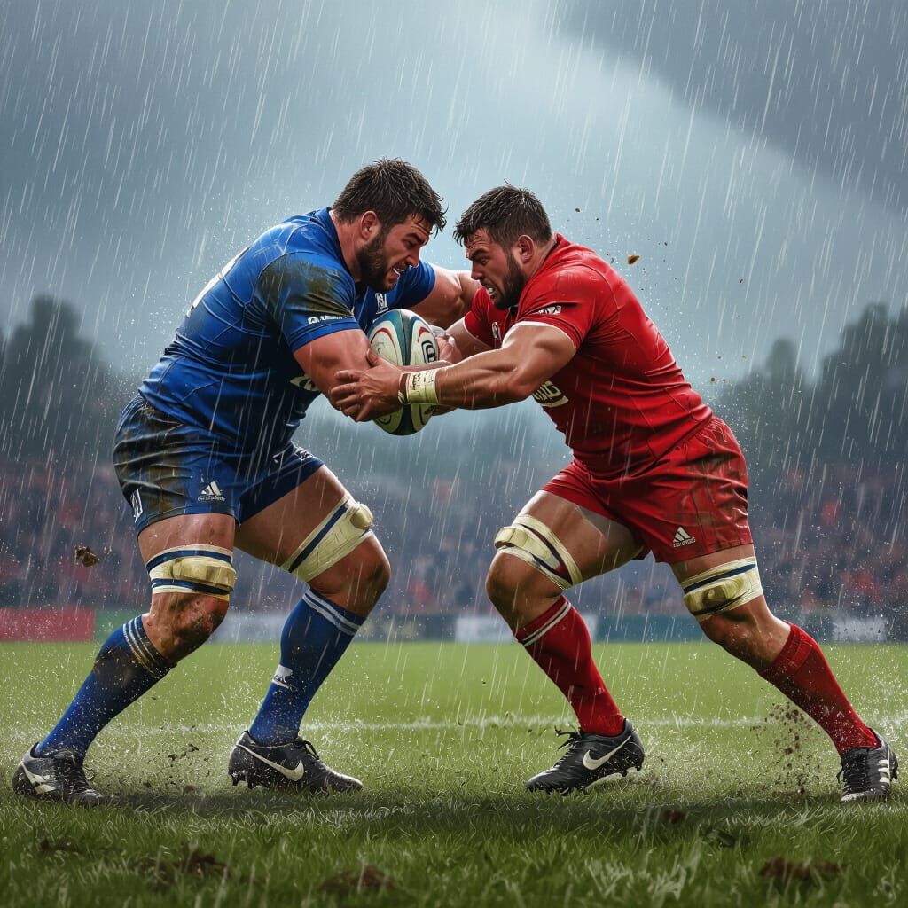 Rugby Players in Intense Muddy Tackle Under Stormy Skies