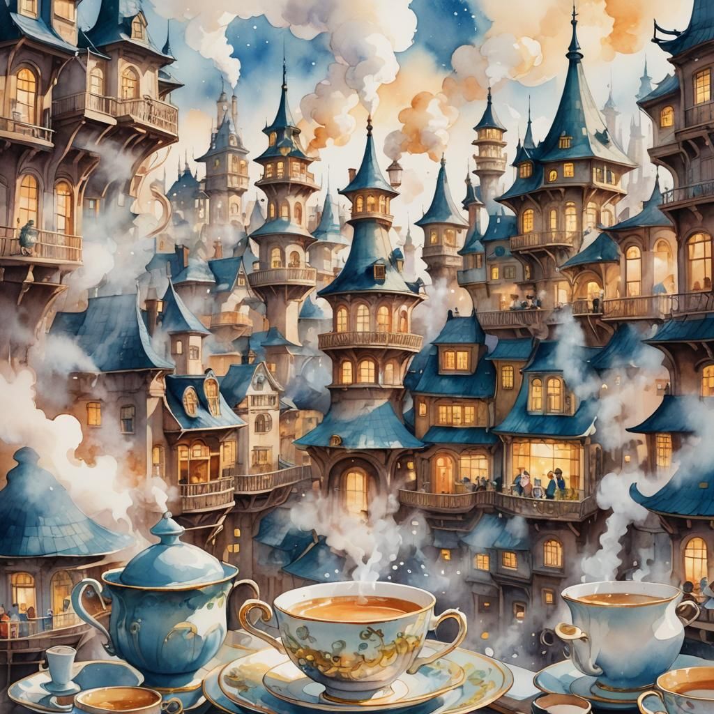 Teacup Metropolis in Watercolor Style