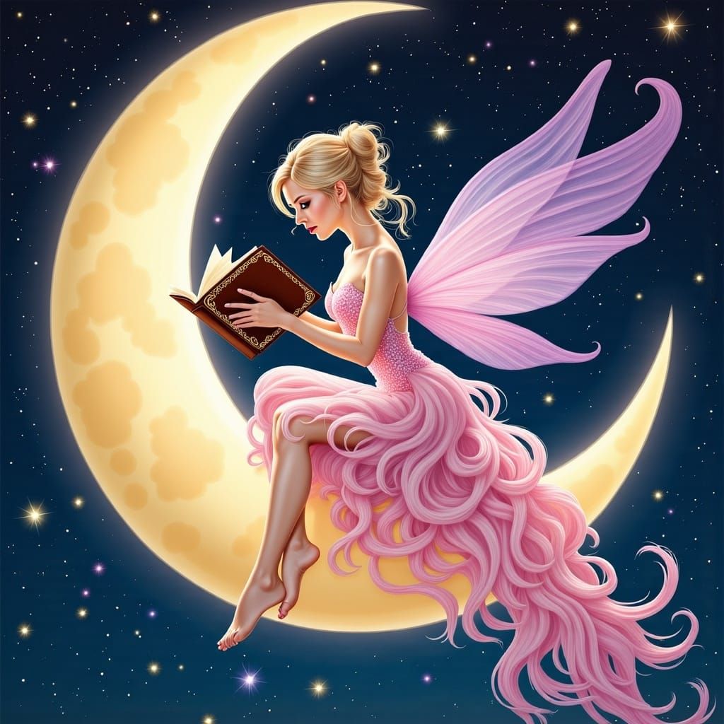 Fairy on Crescent Moon Reading, Ethereal Art